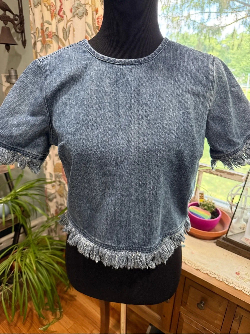 Michael Kors M Denim Fringe Crop Top - Blue